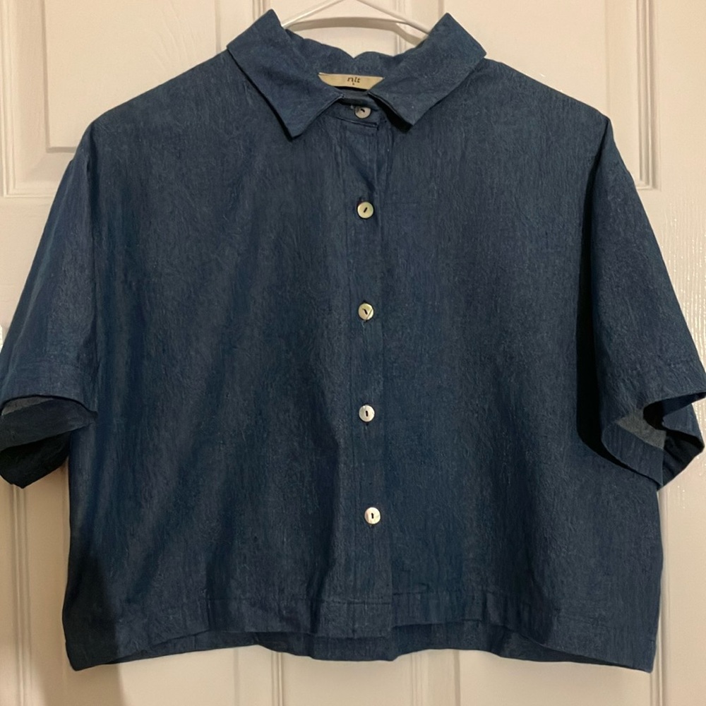 Blue Button-Up Cropped Shirt